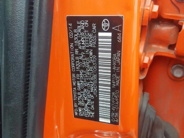 JTDKDTB38E1063709 - 2014 TOYOTA PRIUS C ORANGE photo 10