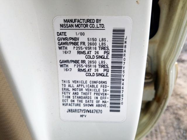 JN8AR07Y5YW447670 - 2000 NISSAN PATHFINDER LE  photo 10