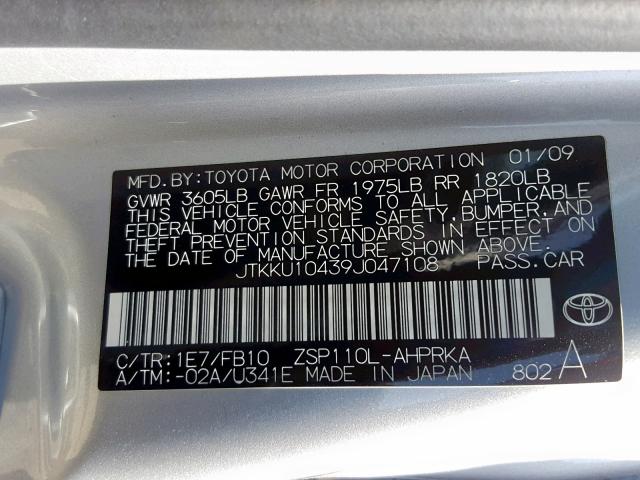 JTKKU10439J047108 - 2009 TOYOTA SCION XD GRAY photo 10