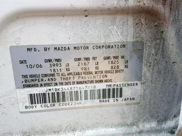 JM1BK344871647218 - 2007 MAZDA 3 HATCHBAC WHITE photo 10