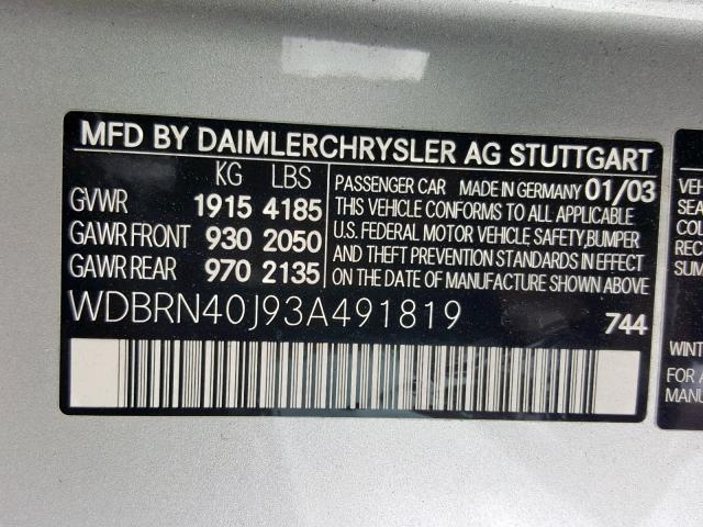 WDBRN40J93A491819 - 2003 MERCEDES-BENZ C 230K SPO SILVER photo 10