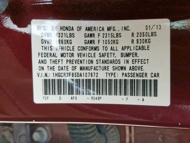 1HGCR2F85DA107672 - 2013 HONDA ACCORD EXL MAROON photo 10