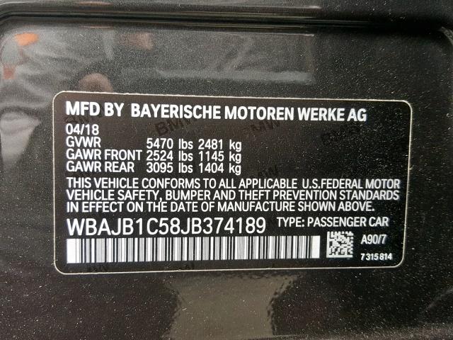 WBAJB1C58JB374189 - 2018 BMW 530XE BLACK photo 10