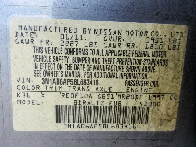 3N1AB6AP5BL683416 - 2011 NISSAN SENTRA 2.0 SILVER photo 10