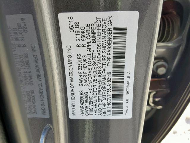 1HGCV1F55JA182119 - 2018 HONDA ACCORD EXL GRAY photo 10