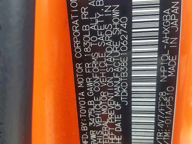 JTDKDTB38E1062740 - 2014 TOYOTA PRIUS C ORANGE photo 10