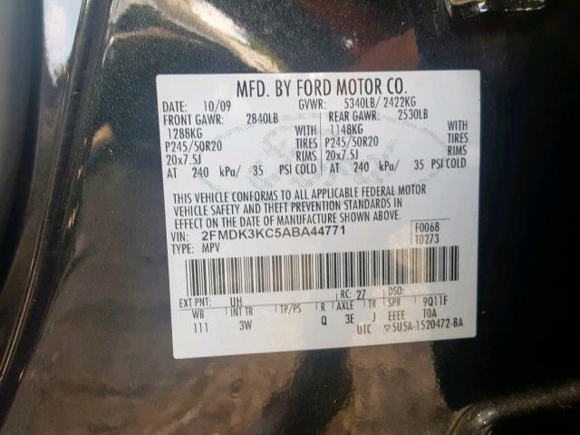 2FMDK3KC5ABA44771 - 2010 FORD EDGE LIMIT BLACK photo 10