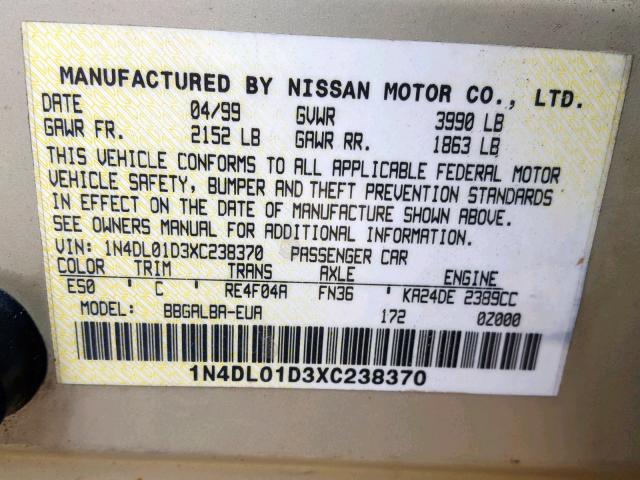 1N4DL01D3XC238370 - 1999 NISSAN ALTIMA XE SILVER photo 10