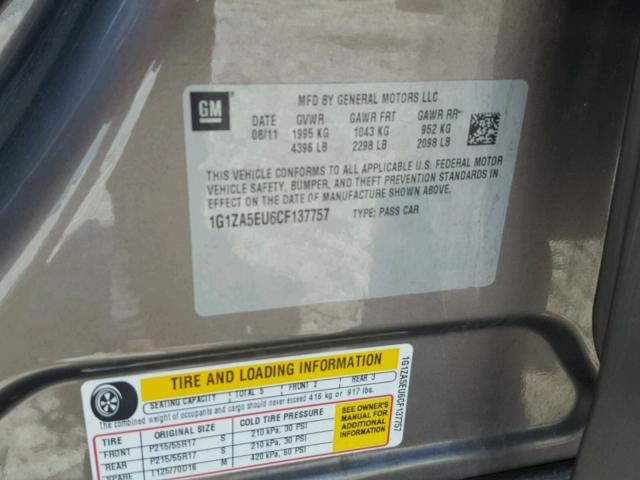 1G1ZA5EU6CF137757 - 2012 CHEVROLET MALIBU LS 棕色 照片 10