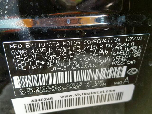 JTHC81D25J5033019 - 2018 LEXUS IS 300 BLACK photo 10