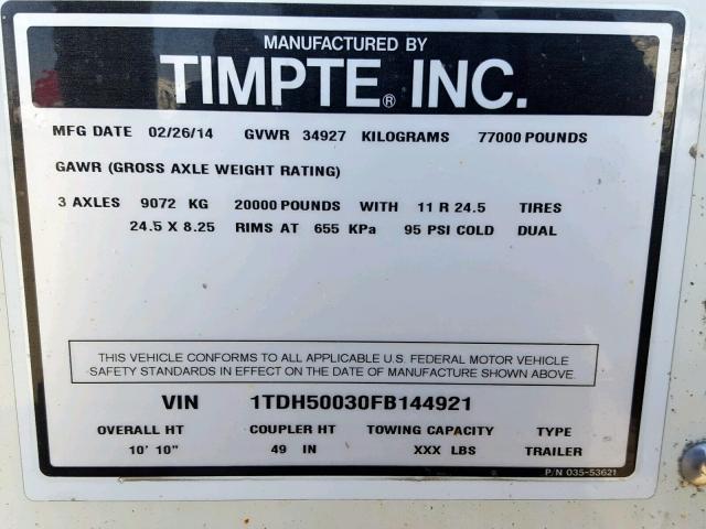 1TDH50030FB144921 - 2015 TIMP HOPPER TRL WHITE photo 10