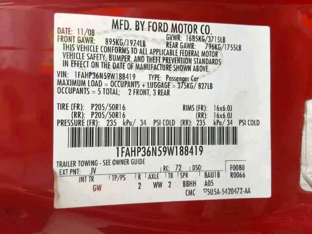 1FAHP36N59W188419 - 2009 FORD FOCUS SES RED photo 10