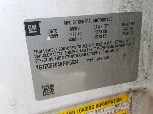 1G1ZC5E04AF185634 - 2010 CHEVROLET MALIBU 1LT WHITE photo 10