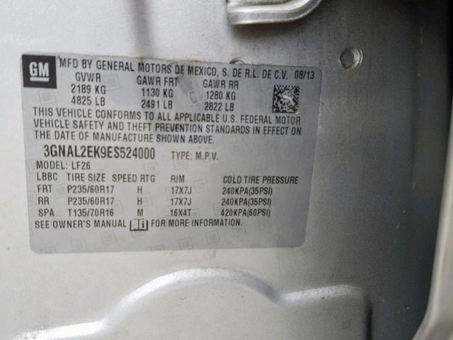 3GNAL2EK9ES524000 - 2014 CHEVROLET CAPTIVA LS 银色 照片 10