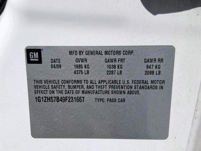 1G1ZH57B49F231667 - 2009 CHEVROLET MALIBU 1LT 白色 照片 10