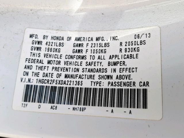 1HGCR2F5XDA221365 - 2013 HONDA ACCORD SPO WHITE photo 10