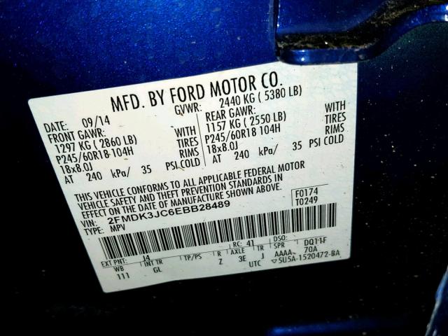 2FMDK3JC6EBB28489 - 2014 FORD EDGE SEL BLUE photo 10