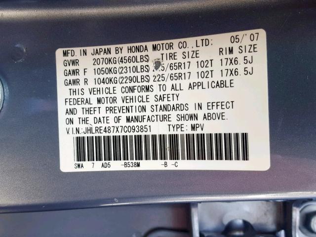 JHLRE487X7C093851 - 2007 HONDA CR-V EXL BLUE photo 10