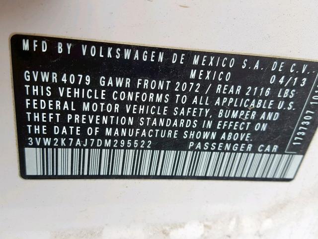 3VW2K7AJ7DM295522 - 2013 VOLKSWAGEN JETTA BASE WHITE photo 10