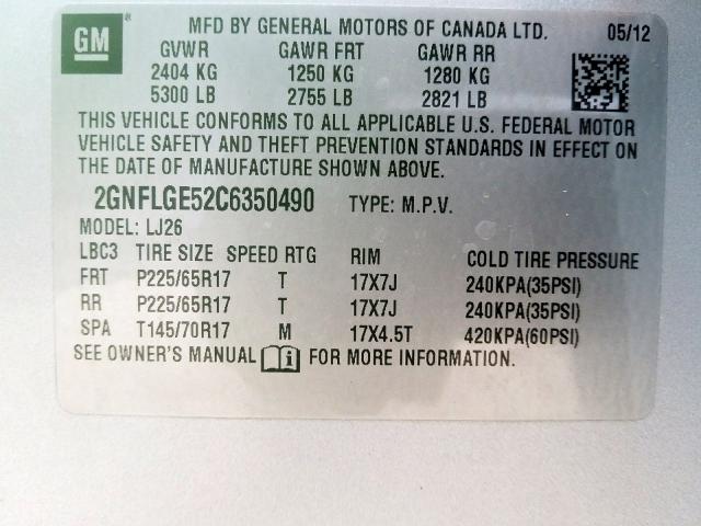 2GNFLGE52C6350490 - 2012 CHEVROLET EQUINOX LTZ  photo 10