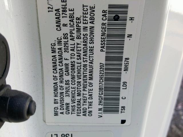 2HGFG3B17CH523207 - 2012 HONDA CIVIC EXL 白色 照片 10