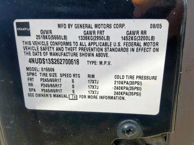 4NUDS13S262700618 - 2006 ISUZU ASCENDER S 黑色 照片 10