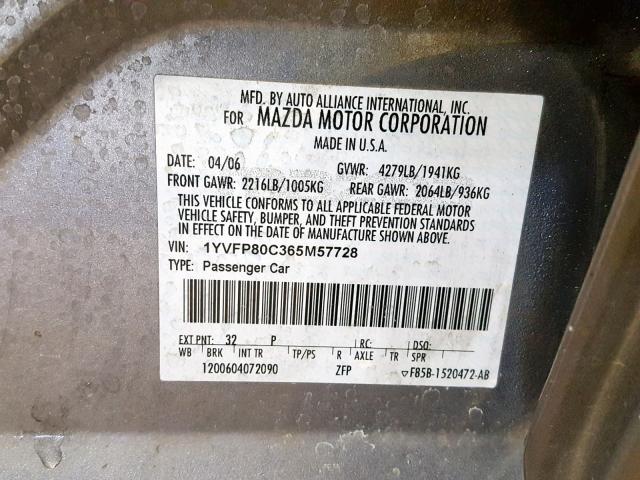 1YVFP80C365M57728 - 2006 MAZDA 6 I GRAY photo 10