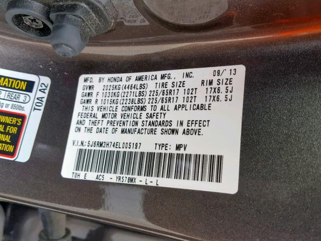 5J6RM3H74EL005197 - 2014 HONDA CR-V EXL GRAY photo 10