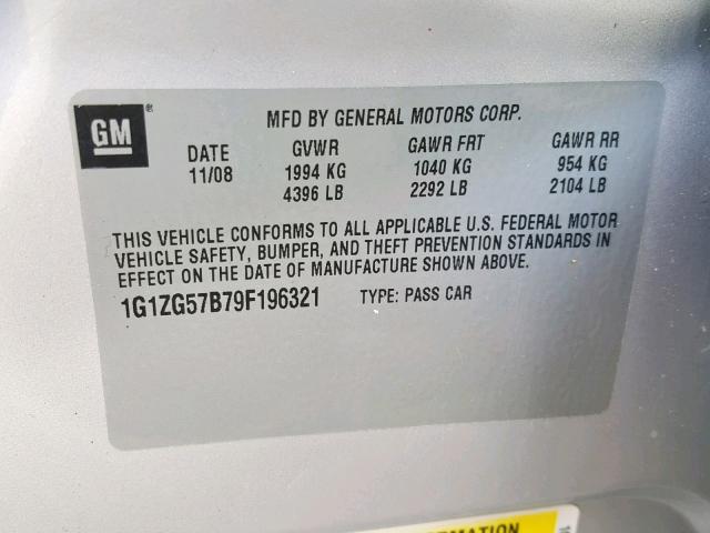 1G1ZG57B79F196321 - 2009 CHEVROLET MALIBU LS SILVER photo 10