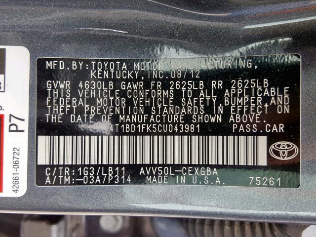 4T1BD1FK5CU043981 - 2012 TOYOTA CAMRY HYBR GRAY photo 10