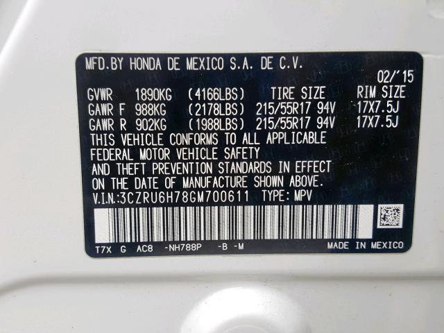 3CZRU6H78GM700611 - 2016 HONDA HR-V EXL WHITE photo 10