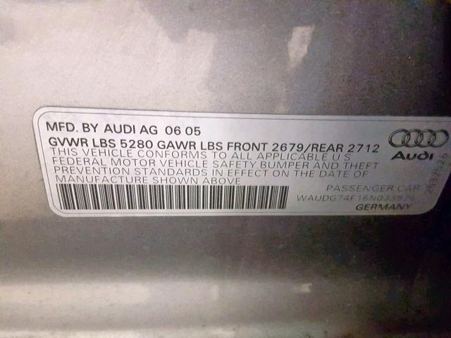 WAUDG74F16N033926 - 2006 AUDI A6 3.2 QUA SILVER photo 10