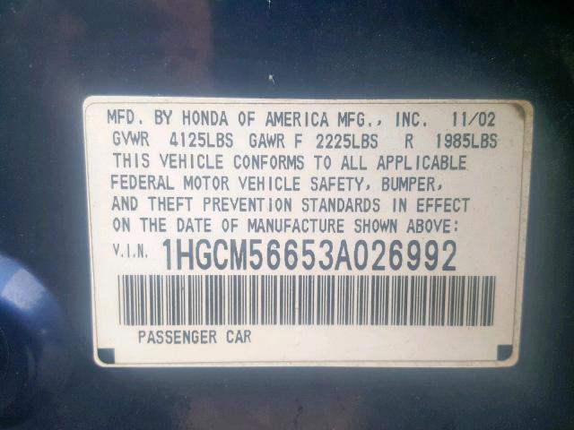 1HGCM56653A026992 - 2003 HONDA ACCORD EX BLUE photo 10