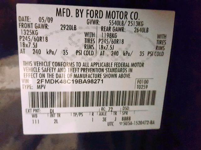 2FMDK48C19BA98271 - 2009 FORD EDGE SEL BLUE photo 10