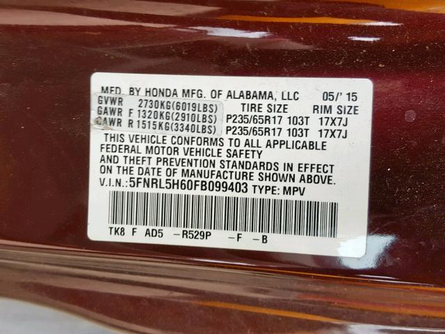 5FNRL5H60FB099403 - 2015 HONDA ODYSSEY EX MAROON photo 10