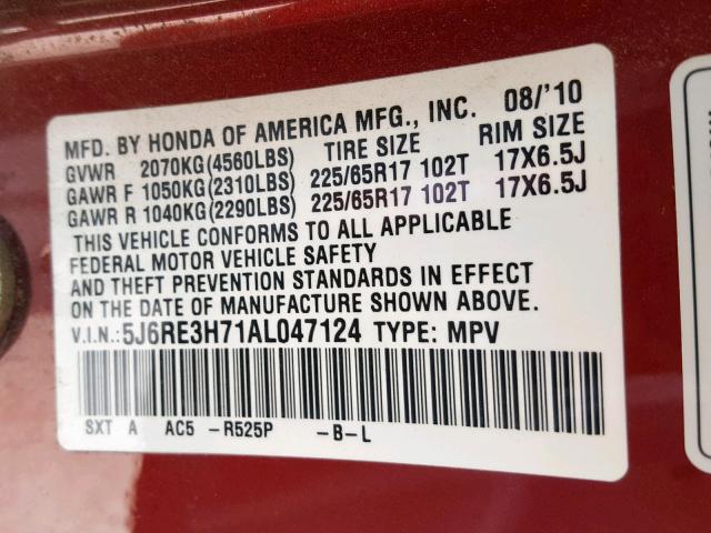 5J6RE3H71AL047124 - 2010 HONDA CR-V EXL MAROON photo 10