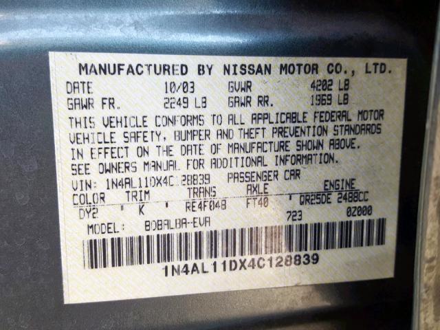 1N4AL11DX4C128839 - 2004 NISSAN ALTIMA BAS GREEN photo 10