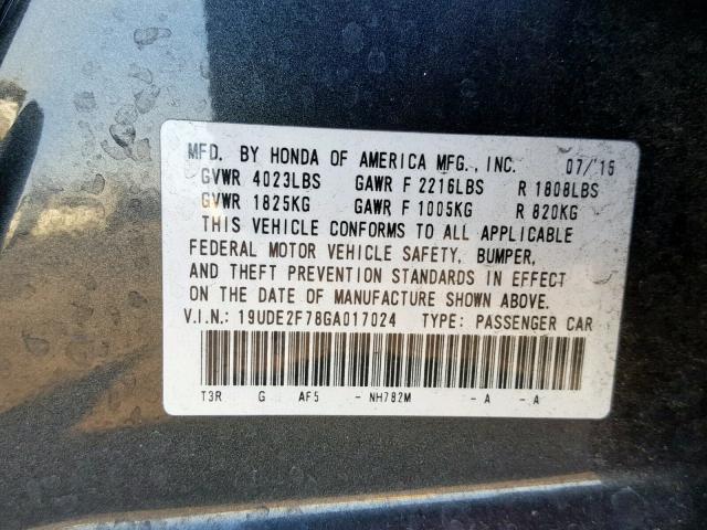 19UDE2F78GA017024 - 2016 ACURA ILX PREMIU CHARCOAL photo 10