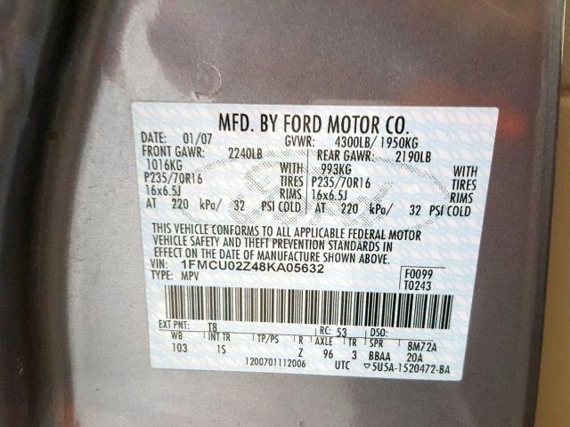 1FMCU02Z48KA05632 - 2008 FORD ESCAPE XLS GRAY photo 10