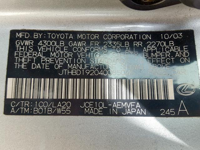 JTHBD192040085045 - 2004 LEXUS IS 300 SILVER photo 10