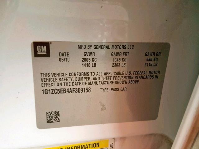 1G1ZC5EB4AF309158 - 2010 CHEVROLET MALIBU 1LT WHITE photo 10