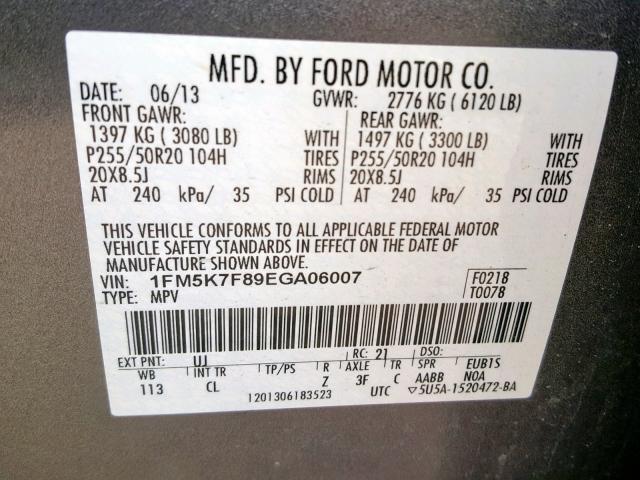 1FM5K7F89EGA06007 - 2014 FORD EXPLORER L GRAY photo 10