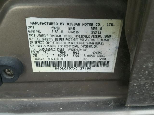 1N4DL01D7XC127160 - 1999 NISSAN ALTIMA XE TAN photo 10