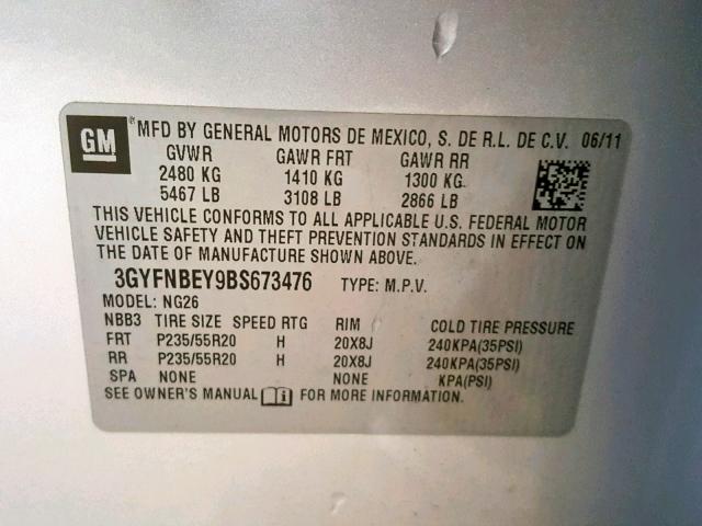 3GYFNBEY9BS673476 - 2011 CADILLAC SRX PERFOR SILVER photo 10