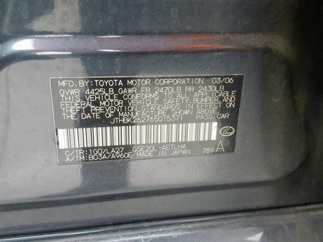 JTHBK262765015371 - 2006 LEXUS IS 250 CHARCOAL photo 10