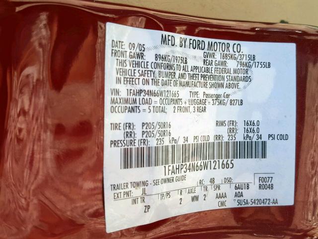 1FAHP34N66W121665 - 2006 FORD FOCUS ZX4 MAROON photo 10