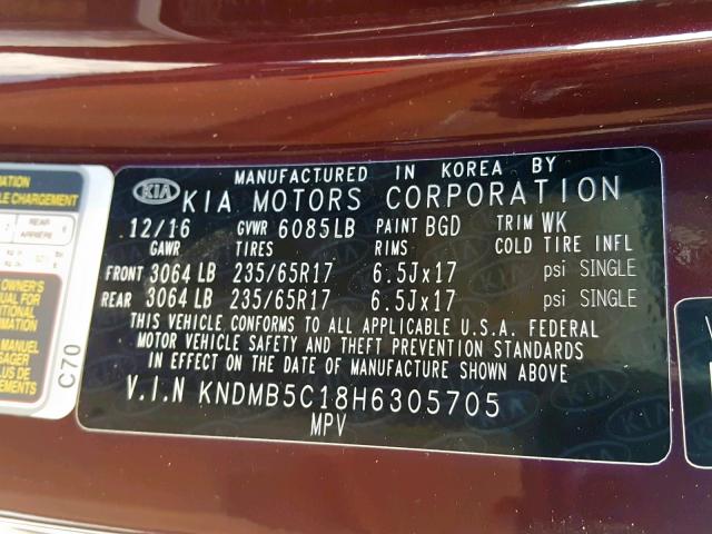 KNDMB5C18H6305705 - 2017 KIA SEDONA LX BURGUNDY photo 10