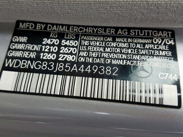 WDBNG83J85A449382 - 2005 MERCEDES-BENZ S 430 4MAT SILVER photo 10