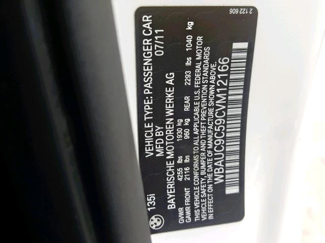 WBAUC9C59CVM12166 - 2012 BMW 135 I WHITE photo 10