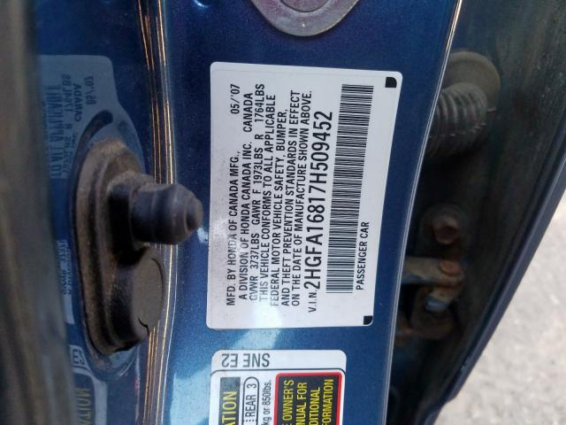 2HGFA16817H509452 - 2007 HONDA CIVIC EX  photo 10